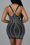 Black Sexy Solid Patchwork Hot Drill Spaghetti Strap One Step Skirt Dresses