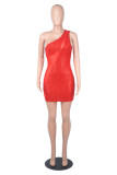 Red Sexy Patchwork Sequins Tear Backless One Shoulder Sleeveless Dress