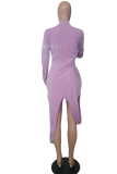 Purple Sexy Print Split Joint Half A Turtleneck Irregular Dress Dresses