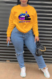 Yellow Casual Daily Print Patchwork O Neck Tops