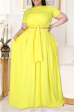 Yellow Fashion Casual Solid Basic O Neck Plus Size Two Pieces