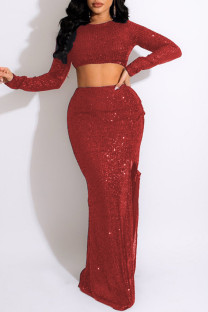 Dark Red Fashion Sexy Patchwork Sequins Slit O Neck Long Sleeve Two Pieces