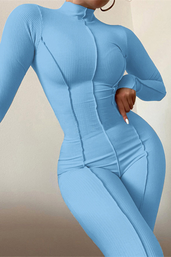 Light Blue Fashion Casual Solid Split Joint Turtleneck Skinny Jumpsuits
