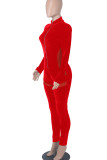 Red Sexy Solid Patchwork See-through Zipper Collar Regular Jumpsuits