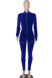 Colorful Blue Sexy Solid Patchwork See-through Zipper Collar Regular Jumpsuits