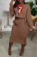 Brown Casual Print Tassel O Neck Long Sleeve Two Pieces