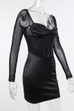 Black Sexy Solid Patchwork Square Collar Dresses