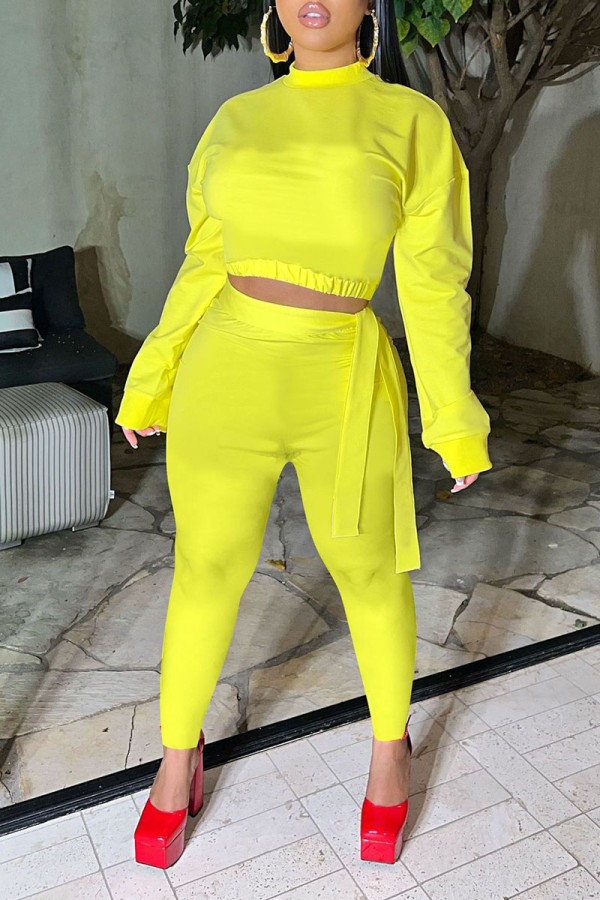 Yellow Casual Solid Patchwork O Neck Long Sleeve Two Pieces