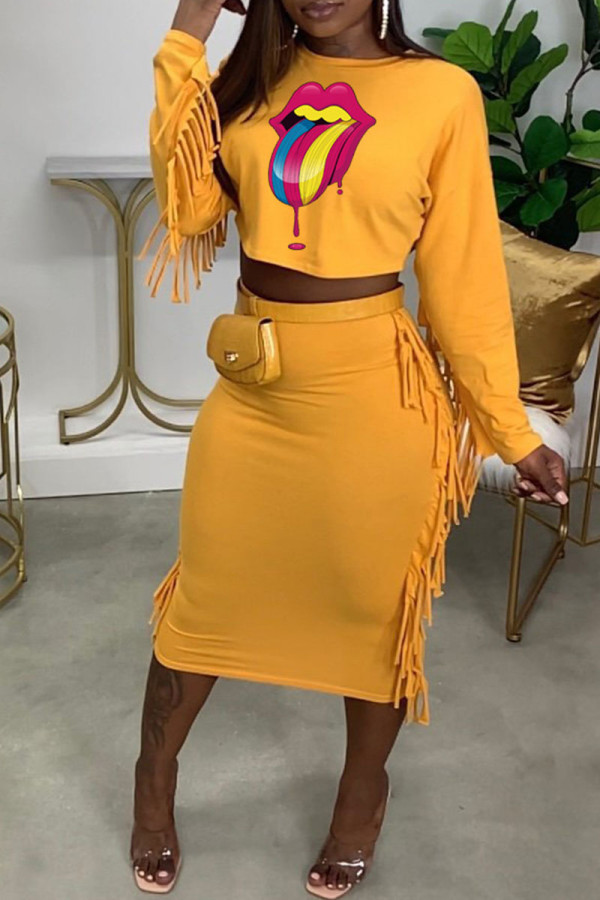 Yellow Casual Print Tassel O Neck Long Sleeve Two Pieces