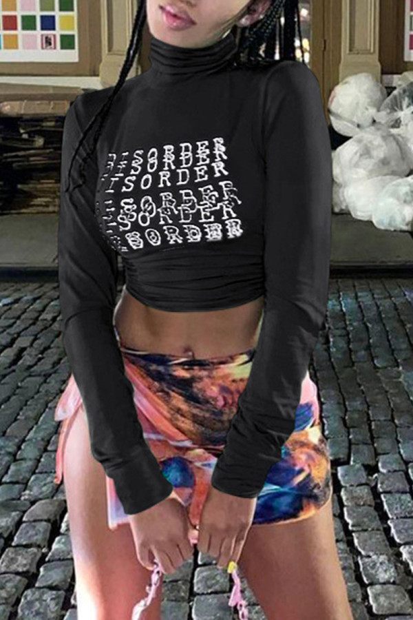 Black Street Print Patchwork Fold Turtleneck Tops