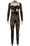 Black Fashion Sexy Print Bandage Hollowed Out O Neck Skinny Jumpsuits