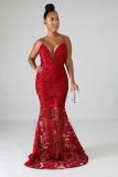 Red Acetyl fiber adult Sexy Fashion Spaghetti Strap Sleeveless Slip Slim Dress Floor-Length Mesh perspec