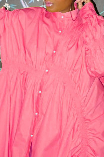 Pink Casual Solid Patchwork Buckle Fold Asymmetrical Mandarin Collar Shirt Dress Dresses