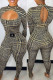 Khaki Fashion Casual Print Hollowed Out Patchwork Turtleneck Regular Jumpsuits