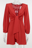 Red Sexy Solid Patchwork Knotted V Neck A Line Dresses