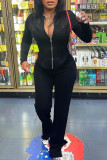 Black Casual Solid Patchwork Asymmetrical Zipper Long Sleeve Two Pieces
