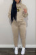 Khaki Casual Letter Print Draw String Pocket Hooded Collar Long Sleeve Two Pieces