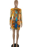 Yellow Sexy Print Patchwork Draw String Fold O Neck One Step Skirt Dresses