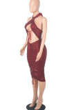 Burgundy Sexy Patchwork Bandage Hollowed Out Sequins Backless Halter Sleeveless Dress