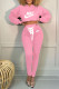 Pink Fashion Casual Print Bandage Hooded Collar Long Sleeve Two Pieces