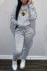 Grey Casual Letter Print Draw String Pocket Hooded Collar Long Sleeve Two Pieces