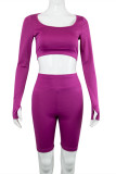 Purple Casual Sportswear Solid Basic O Neck Long Sleeve Two Pieces