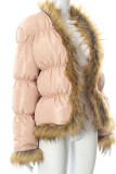 Pink Casual Solid Split Joint Feathers Outerwear