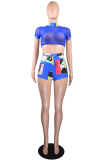 Blue Sexy Print See-through Mesh Turtleneck Short Sleeve Two Pieces