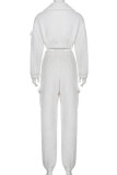 White Casual Solid Patchwork Pocket Buckle Turndown Collar Long Sleeve Two Pieces