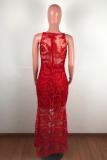 rose red Acetyl fiber adult Sexy Fashion Spaghetti Strap Sleeveless Slip Slim Dress Floor-Length Mesh perspec