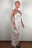White Acetyl fiber adult Sexy Fashion Spaghetti Strap Sleeveless Slip Slim Dress Floor-Length Mesh perspec