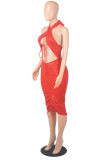Red Sexy Patchwork Bandage Hollowed Out Sequins Backless Halter Sleeveless Dress