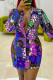 Blue Pink Casual Print Patchwork Buckle Turn-back Collar Dresses