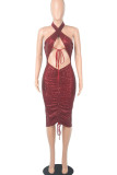 Burgundy Sexy Patchwork Bandage Hollowed Out Sequins Backless Halter Sleeveless Dress