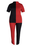 Black Red Casual Solid Split Joint Asymmetrical O Neck Plus Size Two Pieces