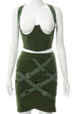Dark Green Sexy Solid Patchwork Asymmetrical Two Pieces