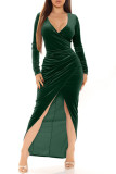 Ink Green Fashion Sexy Solid Split Joint V Neck Long Sleeve Dresses