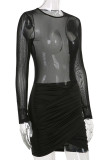 Black Sexy Solid Patchwork See-through Fold O Neck One Step Skirt Dresses