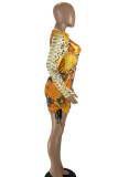 Yellow Sexy Print Patchwork Draw String Fold O Neck One Step Skirt Dresses