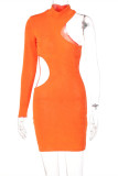 Orange Fashion Sexy Solid Hollowed Out Turtleneck Long Sleeve Dresses