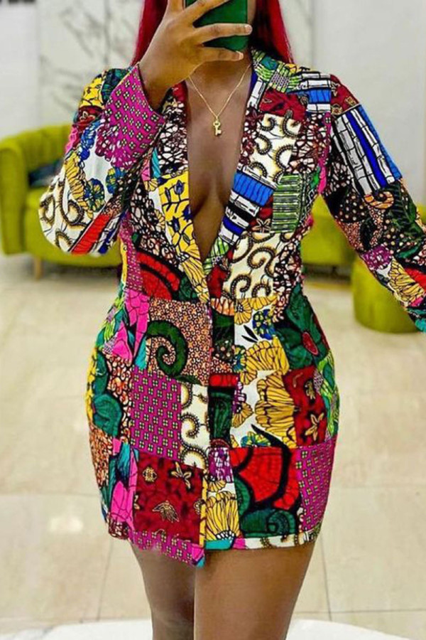 Pink Yellow Casual Print Patchwork Buckle Turn-back Collar Dresses
