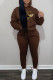 Brown Casual Letter Print Draw String Pocket Hooded Collar Long Sleeve Two Pieces