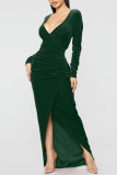 Ink Green Fashion Sexy Solid Split Joint V Neck Long Sleeve Dresses