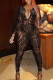 Black Sexy Print Patchwork See-through V Neck Jumpsuits