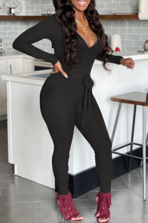 Black Fashion Casual Solid With Belt V Neck Skinny Jumpsuits
