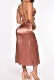 Ink Green Fashion Sexy Solid Hollowed Out Slit One Shoulder Sleeveless Dress Dresses