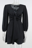 Red Sexy Solid Patchwork Knotted V Neck A Line Dresses