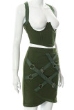 Dark Green Sexy Solid Patchwork Asymmetrical Two Pieces