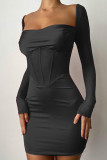Black Sexy Solid Patchwork Square Collar Dresses