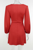Red Sexy Solid Patchwork Knotted V Neck A Line Dresses